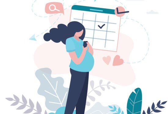 Happy pregnant woman use mobile phone.