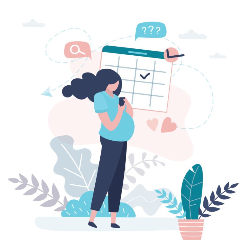 Happy pregnant woman use mobile phone.