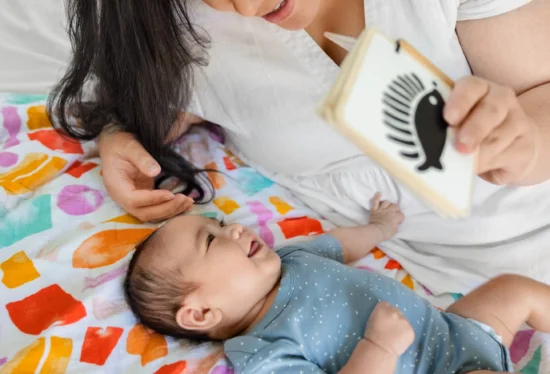 Mom showing visual cards to a baby