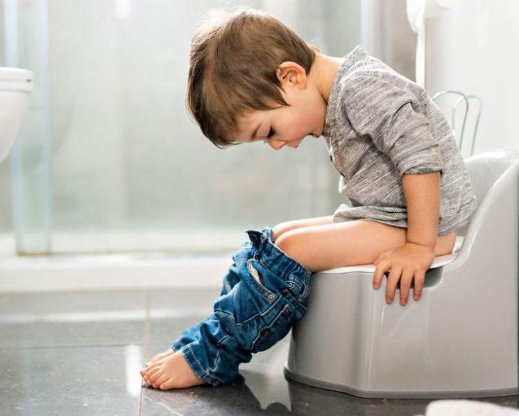 Toddler sitting on potty trainer