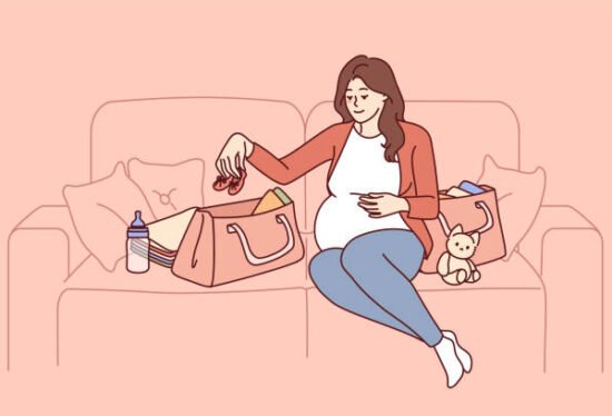 Pregnant woman is packing things for unborn child in bag going to maternity hospital before giving birth. Pregnant girl is sitting on couch getting ready for motherhood and raising baby